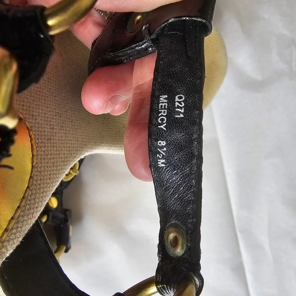 Coach Mercy Black Patent Leather Gold Metallic Cork Wedge Sandals Womens 8.5